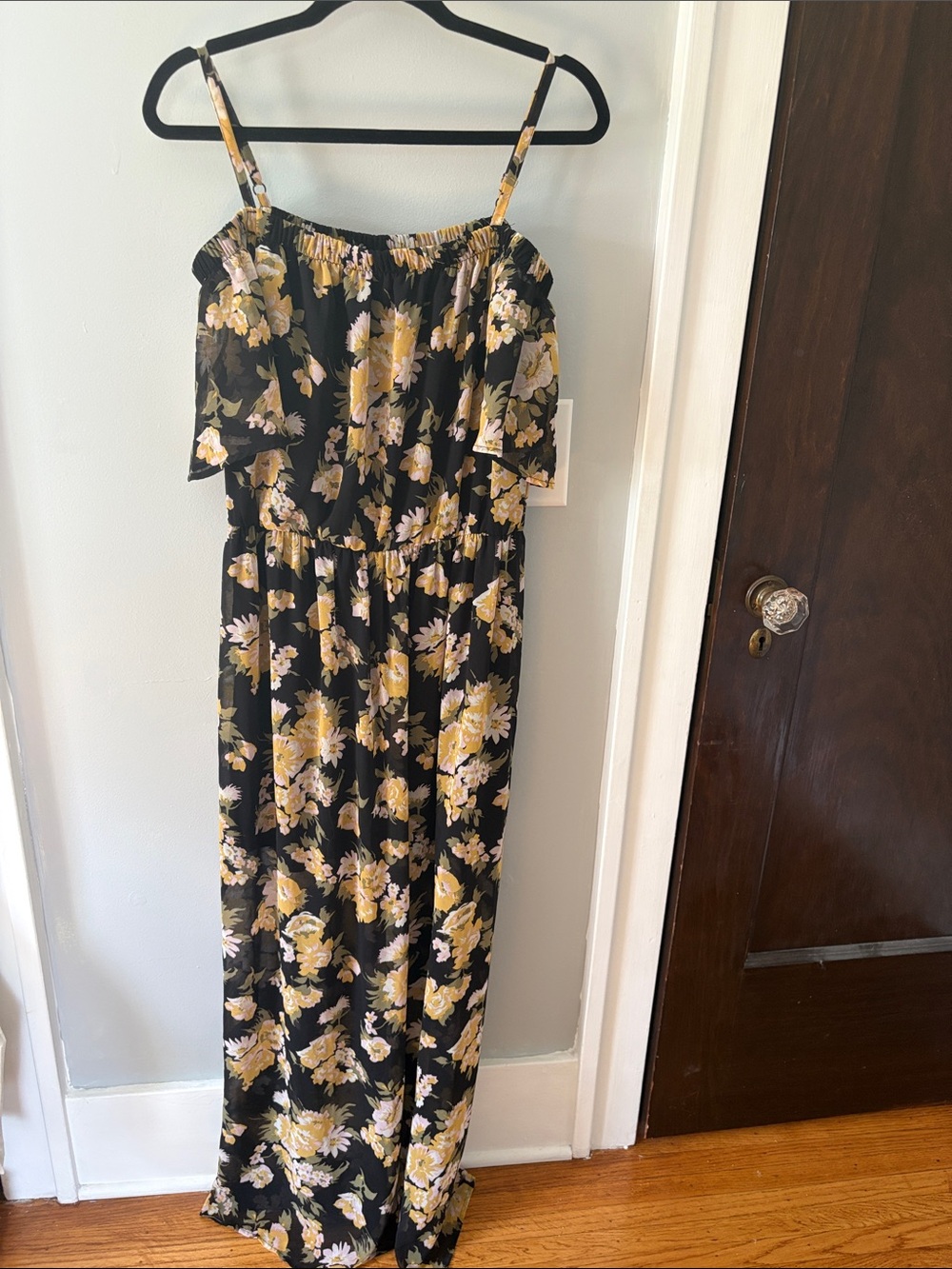 EUC Lily White Black Maxi Dress with Yellow Floral Print Off Shoulder Size L